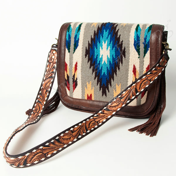 ADBGA207 American Darling Hand Tooled Saddle Blanket Fringed Leather Cross body Bag