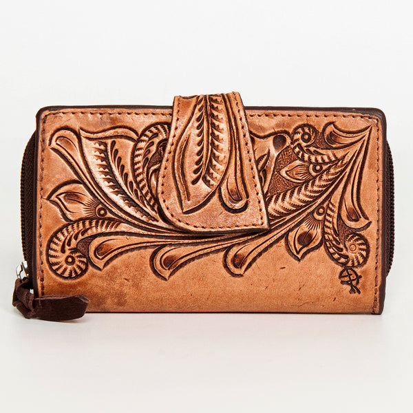 LC-ADBGZ469 Hand-Tooled Tan Leather Western Wallet - Floral Carved Bifold with Snap Closure