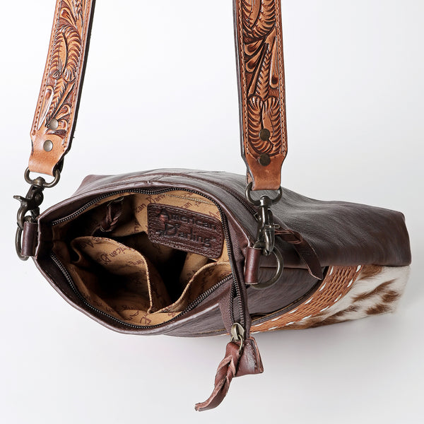 LC-ADBGZ134A Brown & White Cowhide Crossbody Bag with Basketweave Tooled Leather