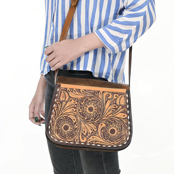LC-ADBGZ409A Tooled Leather Crossbody Flap Bag - Western Floral Saddle Purse