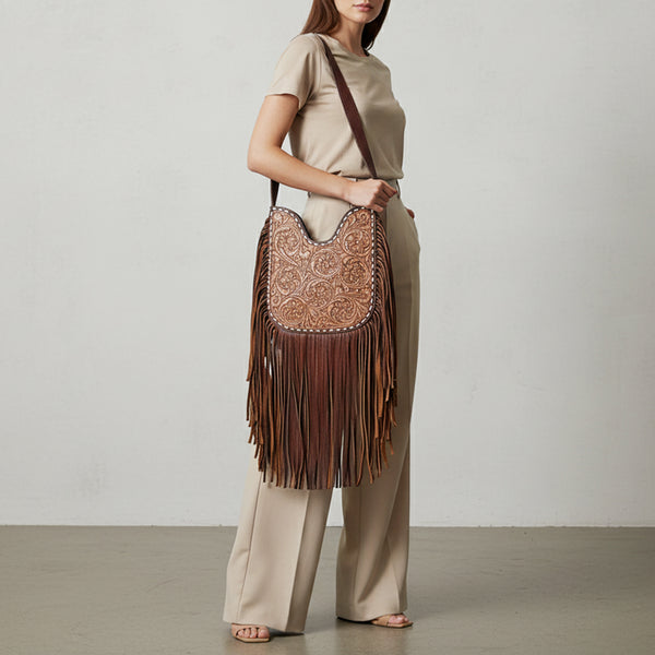 ADBGZ473 Hand-Tooled Leather Western Fringe Hobo Bag - Floral Saddle Design