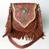 LC-ADBGZ474 Hand-Tooled Leather Fringe Messenger Bag - Floral Carving with Turquoise Accent