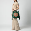 LC-ADBGZ477 Emerald Green Leather Bucket Bag with Hand-Tooled Floral Patch & Turquoise Accent