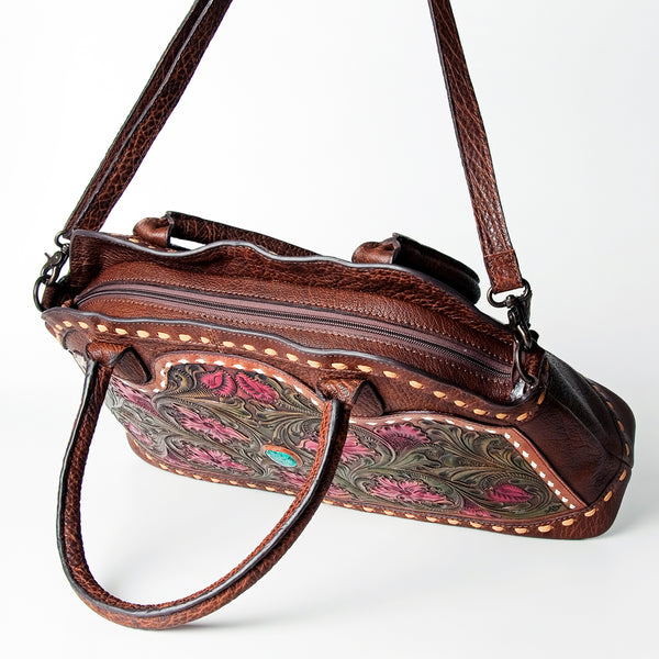 LC-ADBGZ478 Tooled Leather Western Tote Bag - Floral Carving with Turquoise Accent & Dual Handles
