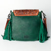 LC-ADBGZ479 Green Leather Western Fringe Messenger Bag - Hand-Tooled Floral Flap with Turquoise Accent