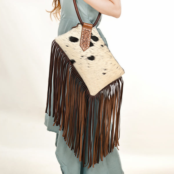 ADBGZ328 Cowhide Fringe Wristlet - White & Black Hair-On Hide with Tooled Leather Accent