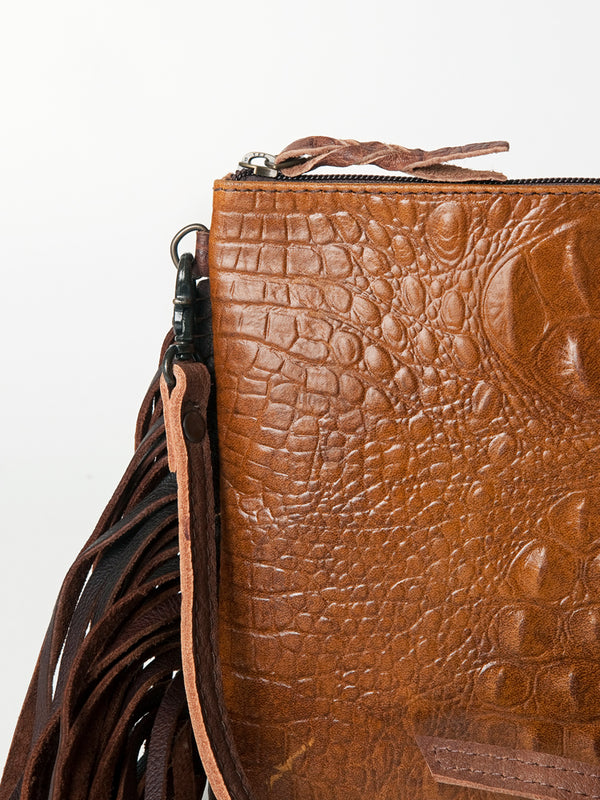 ADBG767A American Darling Western Small Cross body Bag - Crocodile Embossed Leather Fringe Purse