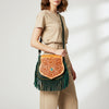 LC-ADBGZ483 Tan & Green Tooled Leather Messenger Bag - Floral Design with Turquoise Accent and Fringe