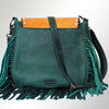 LC-ADBGZ483 Tan & Green Tooled Leather Messenger Bag - Floral Design with Turquoise Accent and Fringe