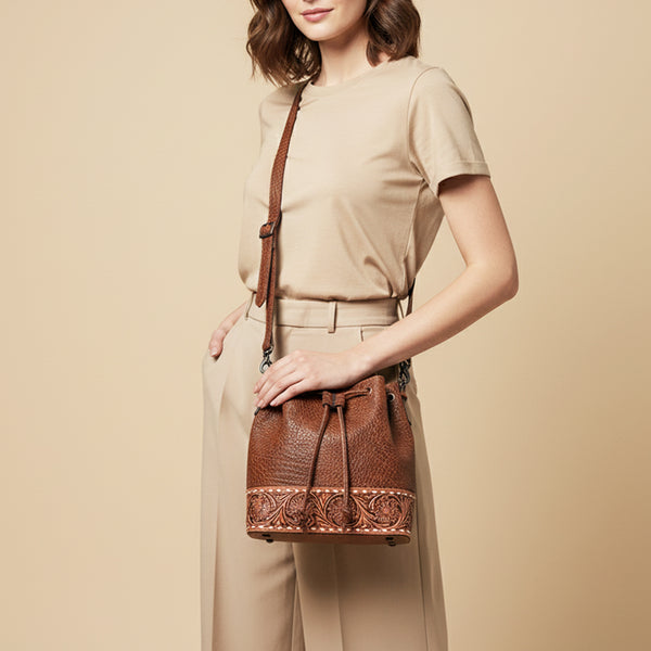 LC-ADBGZ454A Bucket Hand Tooled Genuine Western Leather Women Bag