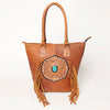 ADBGA208A American Darling Hand Tooled Fringed Genuine Leather Tote Bag with Turquoise Concho