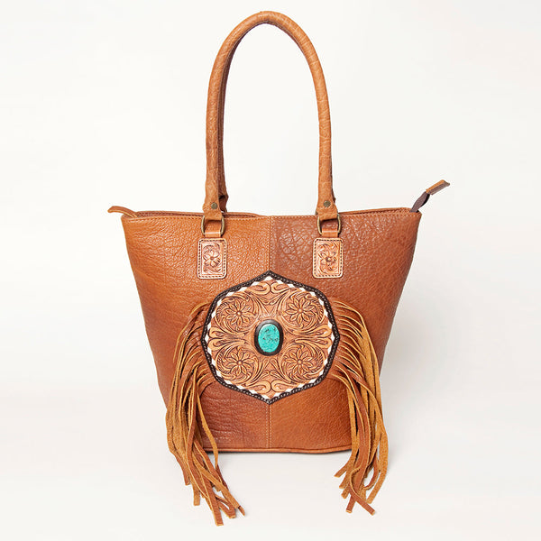 ADBGA208A American Darling Hand Tooled Fringed Genuine Leather Tote Bag with Turquoise Concho