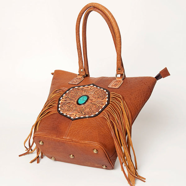 ADBGA208A American Darling Hand Tooled Fringed Genuine Leather Tote Bag with Turquoise Concho