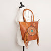 ADBGA208A American Darling Hand Tooled Fringed Genuine Leather Tote Bag with Turquoise Concho