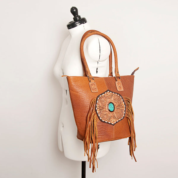 ADBGA208A American Darling Hand Tooled Fringed Genuine Leather Tote Bag with Turquoise Concho