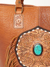 ADBGA208A American Darling Hand Tooled Fringed Genuine Leather Tote Bag with Turquoise Concho