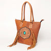 ADBGA208A American Darling Hand Tooled Fringed Genuine Leather Tote Bag with Turquoise Concho