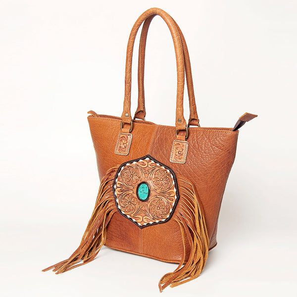 ADBGA208A American Darling Hand Tooled Fringed Genuine Leather Tote Bag with Turquoise Concho
