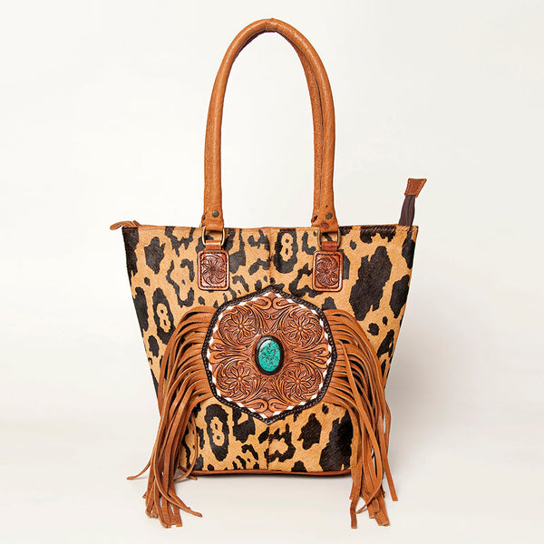 ADBGA208 American Darling Hair-On Cowhide Fringed Leather Tote Bag with Turquoise Concho