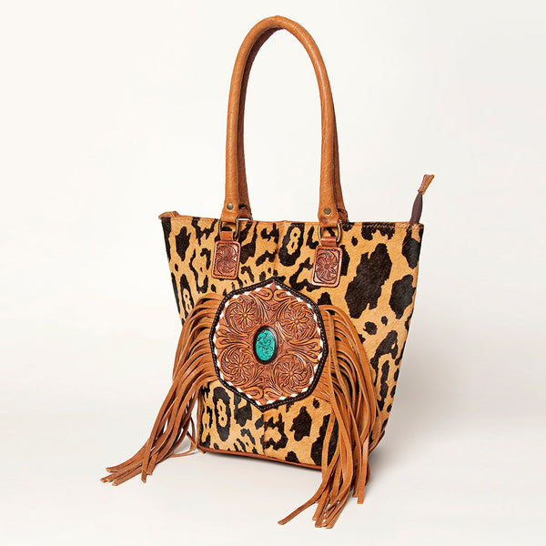 ADBGA208 American Darling Hair-On Cowhide Fringed Leather Tote Bag with Turquoise Concho