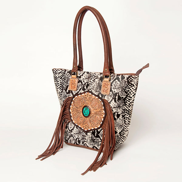 ADBGA208 American Darling Hair-On Cowhide Fringed Leather Tote Bag with Turquoise Concho