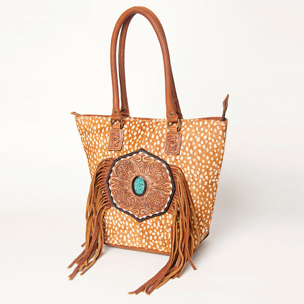 ADBGA208 American Darling Hair-On Cowhide Fringed Leather Tote Bag with Turquoise Concho