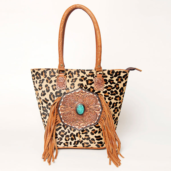 ADBGA208 American Darling Hair-On Cowhide Fringed Leather Tote Bag with Turquoise Concho