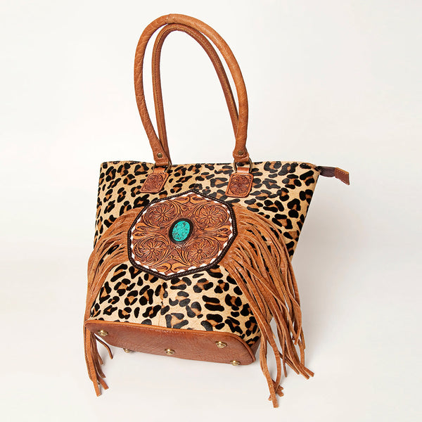 ADBGA208 American Darling Hair-On Cowhide Fringed Leather Tote Bag with Turquoise Concho