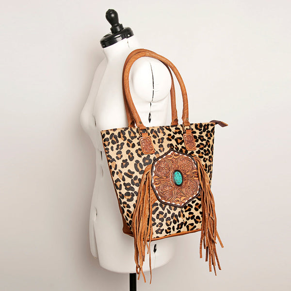 ADBGA208 American Darling Hair-On Cowhide Fringed Leather Tote Bag with Turquoise Concho