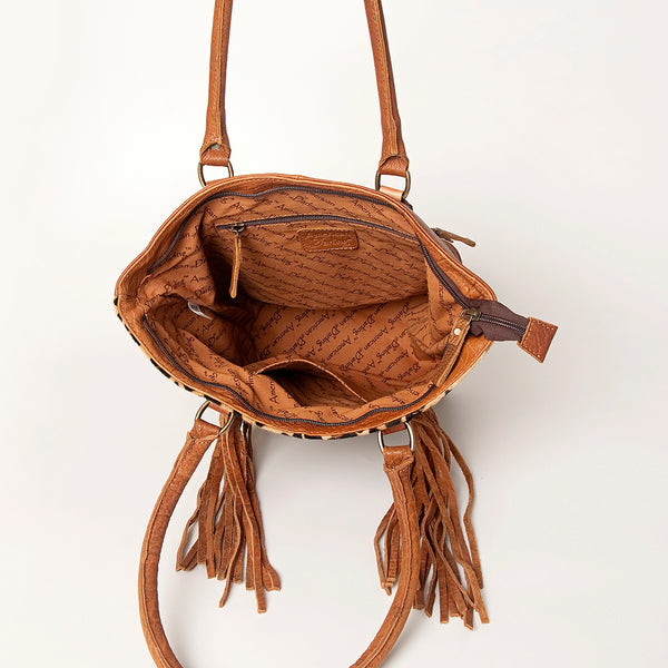 ADBGA208 American Darling Hair-On Cowhide Fringed Leather Tote Bag with Turquoise Concho