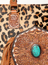 ADBGA208 American Darling Hair-On Cowhide Fringed Leather Tote Bag with Turquoise Concho