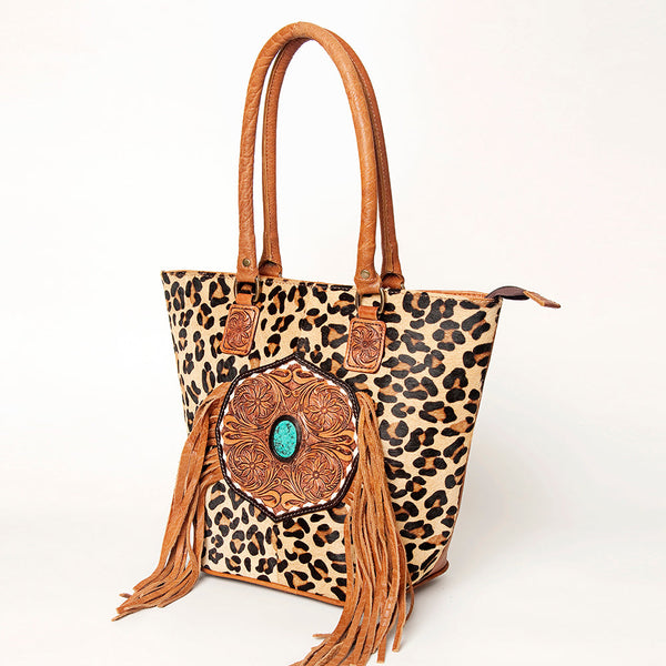 ADBGA208 American Darling Hair-On Cowhide Fringed Leather Tote Bag with Turquoise Concho