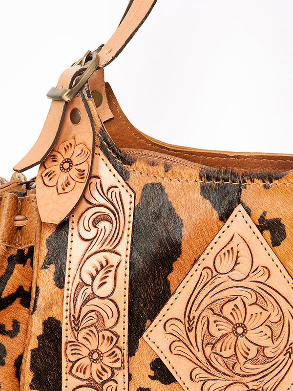 ADBGA209 Western Floral Tooled Leather Cowhide Shoulder Handbag with Drawstring Tassel