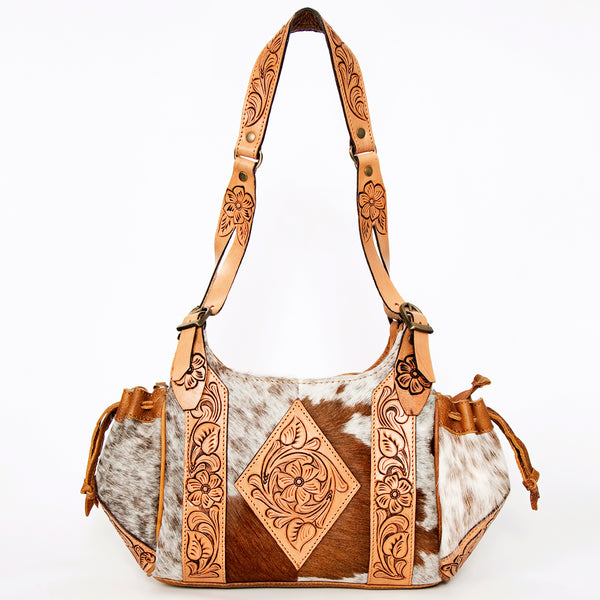ADBGA209 Western Floral Tooled Leather Cowhide Shoulder Handbag with Drawstring Tassel