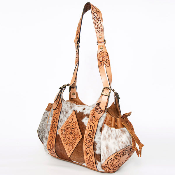 ADBGA209 Western Floral Tooled Leather Cowhide Shoulder Handbag with Drawstring Tassel