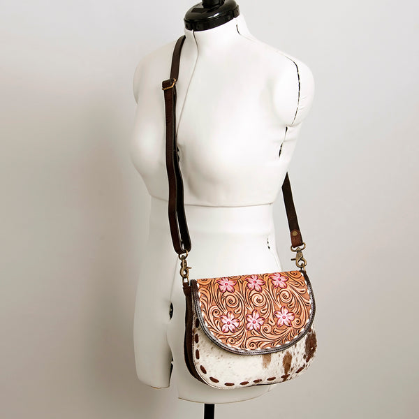 ADBGA211 American Darling Messenger Bag-Floral Hand Tooled Leather & Hair-On Hide