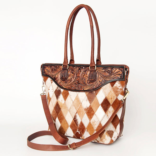 ADBGI105 Western Tote Bag - Genuine Leather & Hair-On Hide with Tooled Detailing