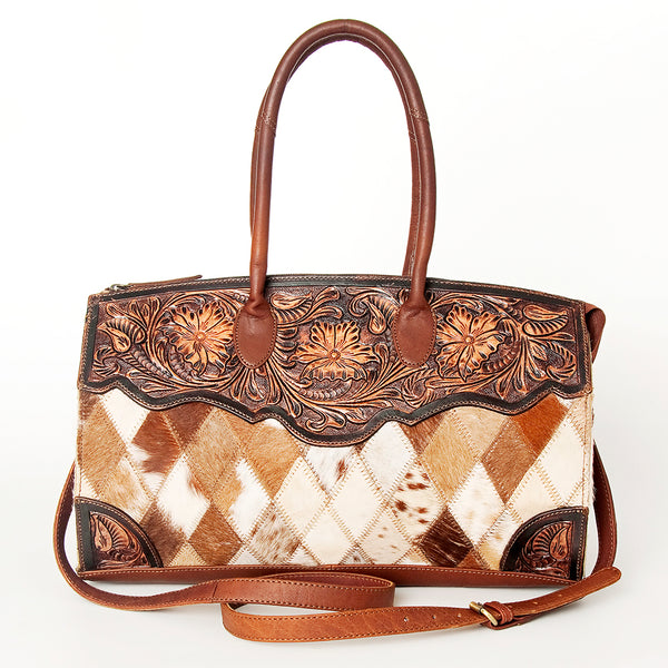 ADBGI108 Cowhide & Tooled Leather Weekender Duffel Bag - Floral Western Travel Purse