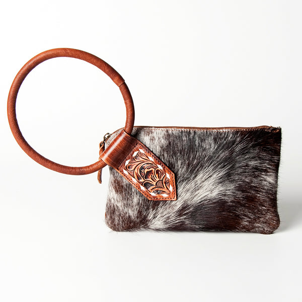 ADBGZ335 Black & White Cowhide Wristlet - Hair-On Hide Clutch with Tooled Leather Detail