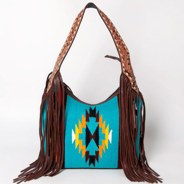 ADBGA212 American Darling Hand-Woven Saddle Blanket Hobo Bag Hand Tooled Leather Fringe