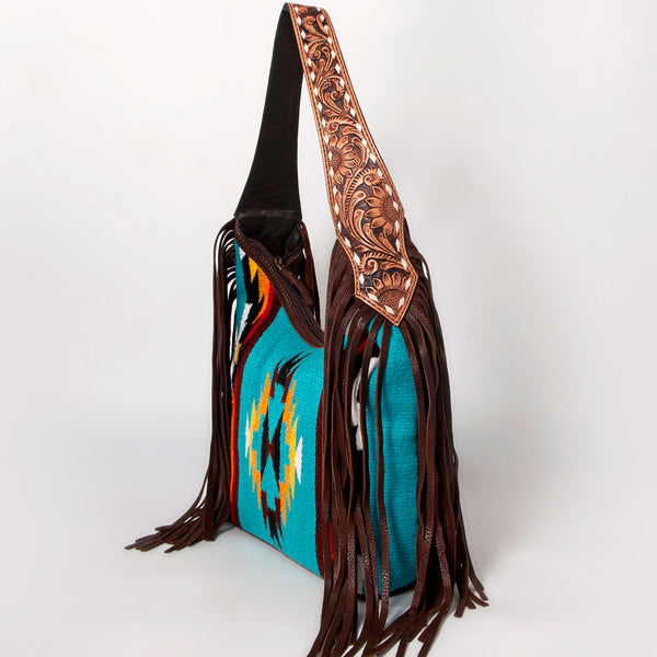 ADBGA212 American Darling Hand-Woven Saddle Blanket Hobo Bag Hand Tooled Leather Fringe