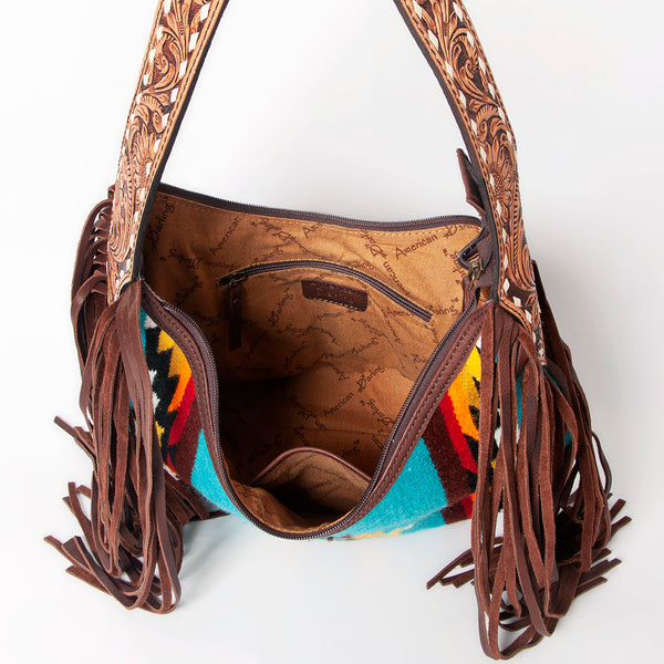 ADBGA212 American Darling Hand-Woven Saddle Blanket Hobo Bag Hand Tooled Leather Fringe