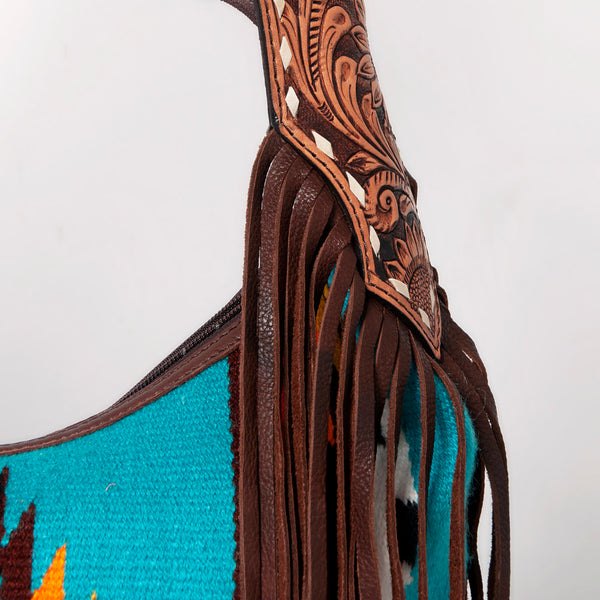 ADBGA212 American Darling Hand-Woven Saddle Blanket Hobo Bag Hand Tooled Leather Fringe