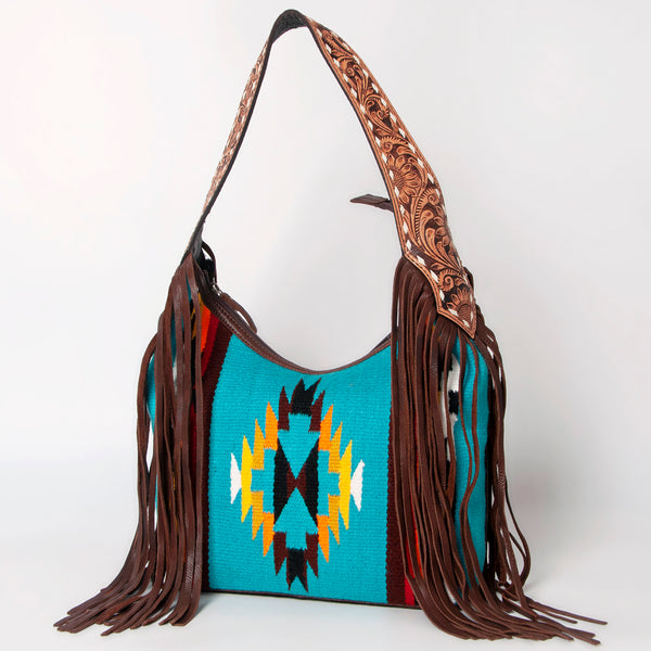 ADBGA212 American Darling Hand-Woven Saddle Blanket Hobo Bag Hand Tooled Leather Fringe