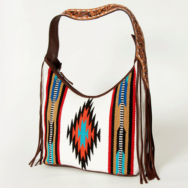 ADBGA212 American Darling Hand-Woven Saddle Blanket Hobo Bag Hand Tooled Leather Fringe