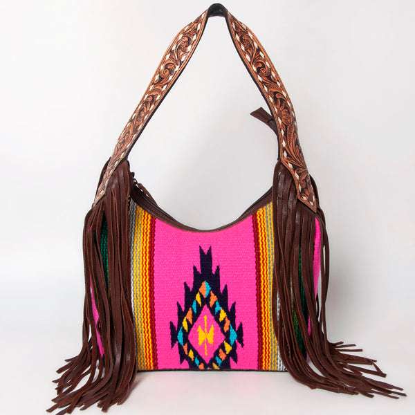 ADBGA212 American Darling Hand-Woven Saddle Blanket Hobo Bag Hand Tooled Leather Fringe