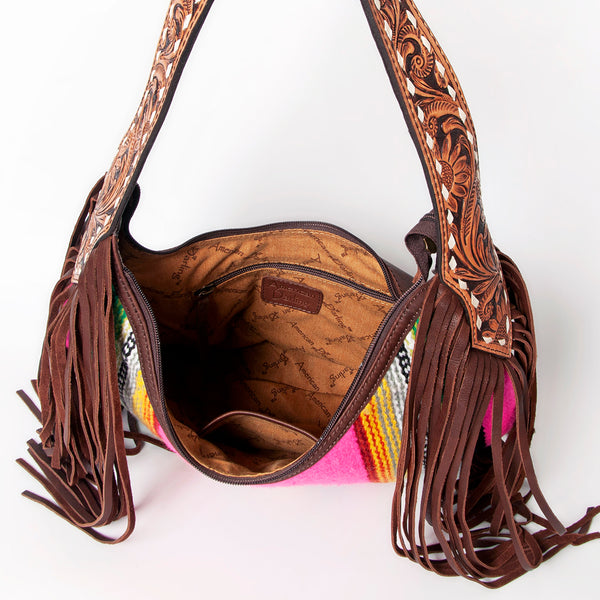 ADBGA212 American Darling Hand-Woven Saddle Blanket Hobo Bag Hand Tooled Leather Fringe