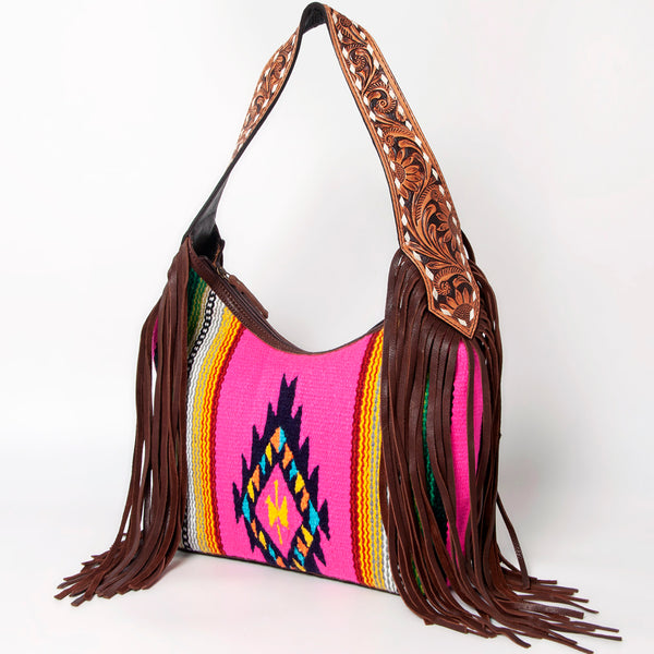 ADBGA212 American Darling Hand-Woven Saddle Blanket Hobo Bag Hand Tooled Leather Fringe