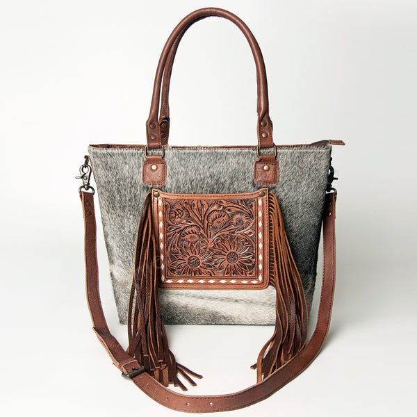 ADBG662 American Darling Hand Tooled Floral & Hair-On Cowhide Western Leather Tote Bag with Fringes