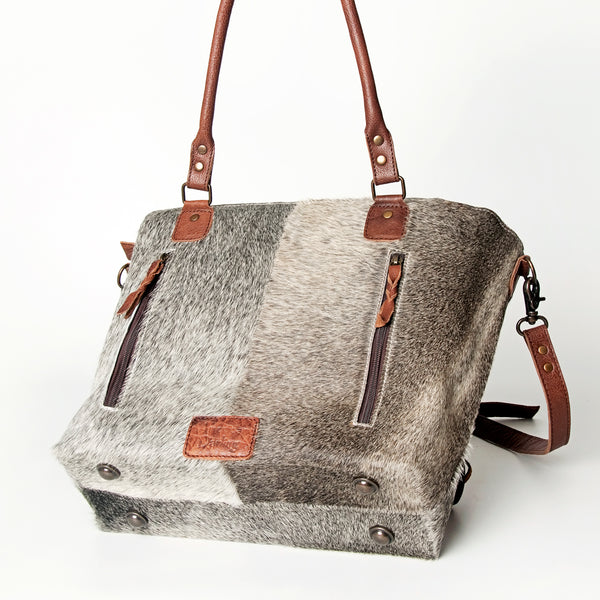 ADBG662 American Darling Hand Tooled Floral & Hair-On Cowhide Western Leather Tote Bag with Fringes